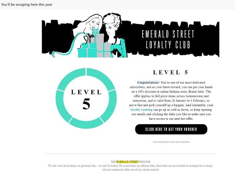 Image from Emerald Street's loyalty club displaying the user's level and explaining their benefits