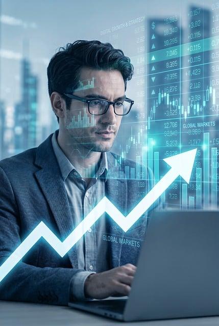 Businessman reviewing hypergrowth data showing exponential revenue and market share increases on digital dashboard