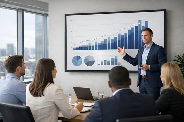 Business leadership team analyzing hypergrowth strategy and metrics in conference room presentation